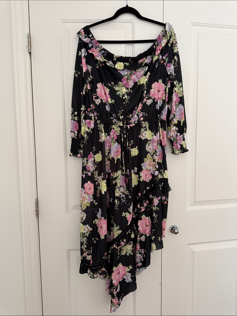 ASOS Black Floral Off-Shoulder High-Low Dress with Pink Roses